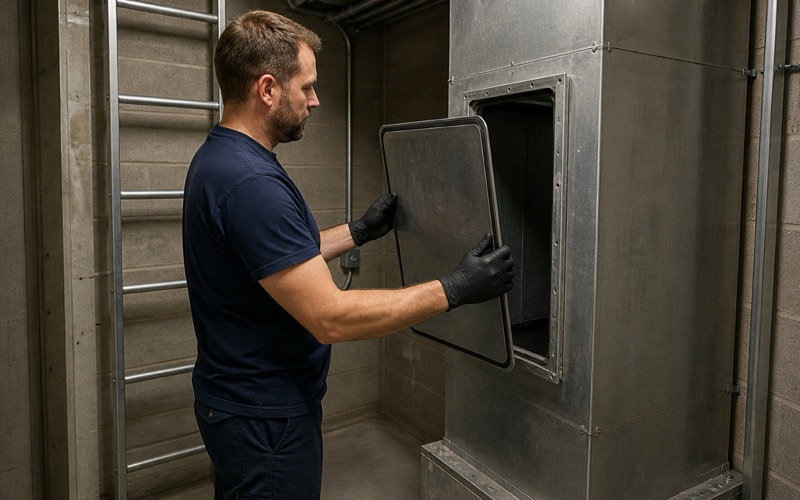 A worker easing an access panel away from a vertical grease duct riser