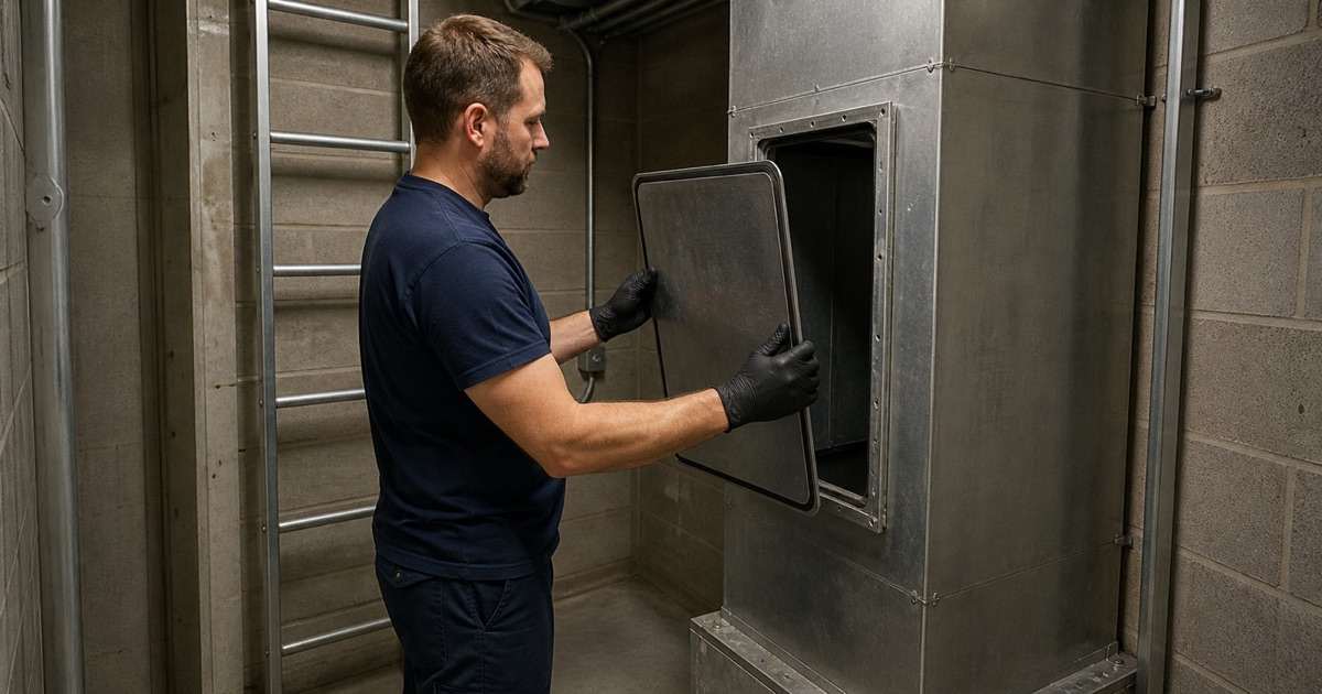 A worker easing an access panel away from a vertical grease duct riser