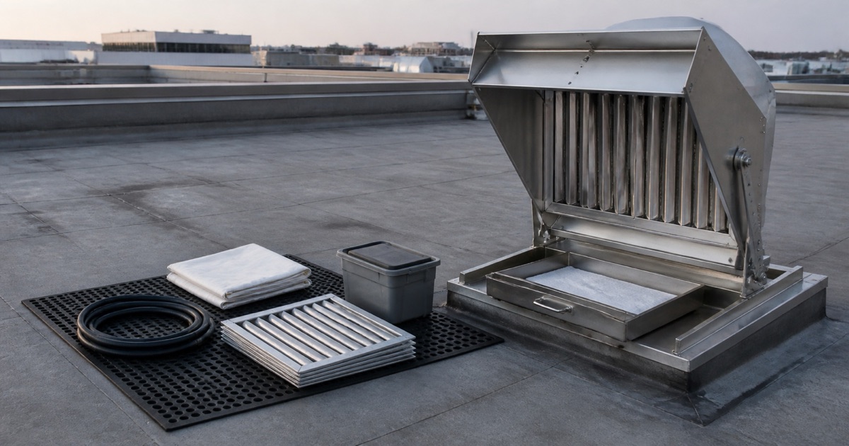 A rooftop exhaust fan tilted open at first light with tools staged on a
