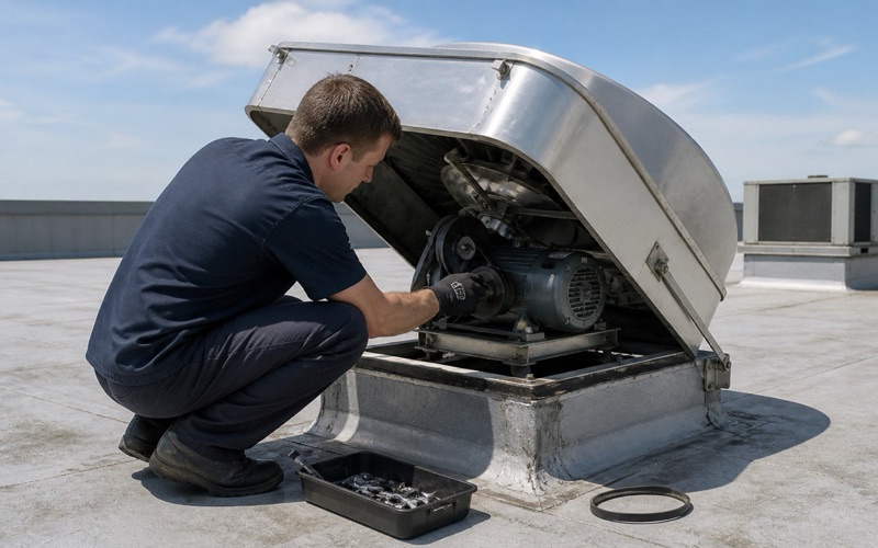 A technician fitting a replacement drive belt to a tilted rooftop