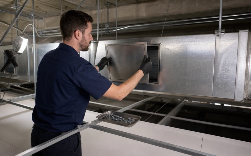 A worker offering a new listed access panel up to a cut opening in a