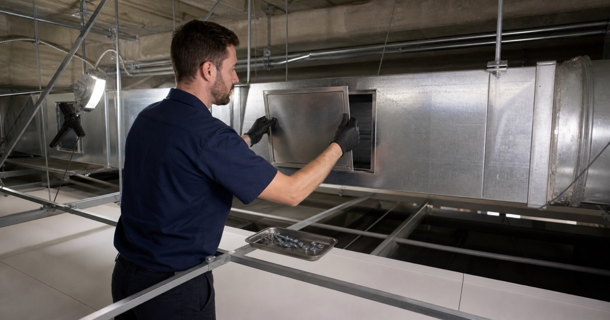 A worker offering a new listed access panel up to a cut opening in a