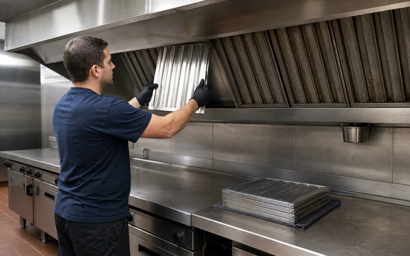 A worker sliding a clean baffle filter into its rail beside a bank of