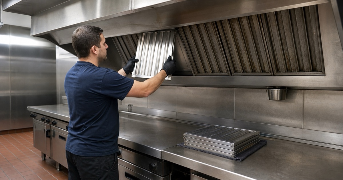 A worker sliding a clean baffle filter into its rail beside a bank of