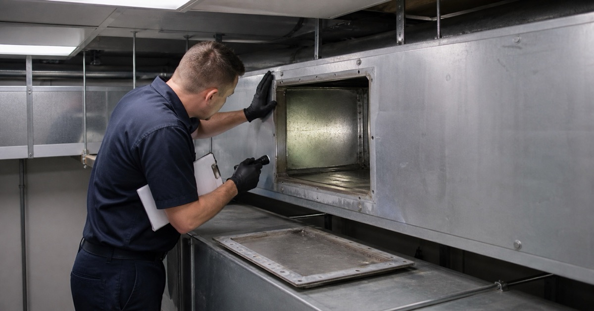 A technician examining the inside face of an open duct access panel
