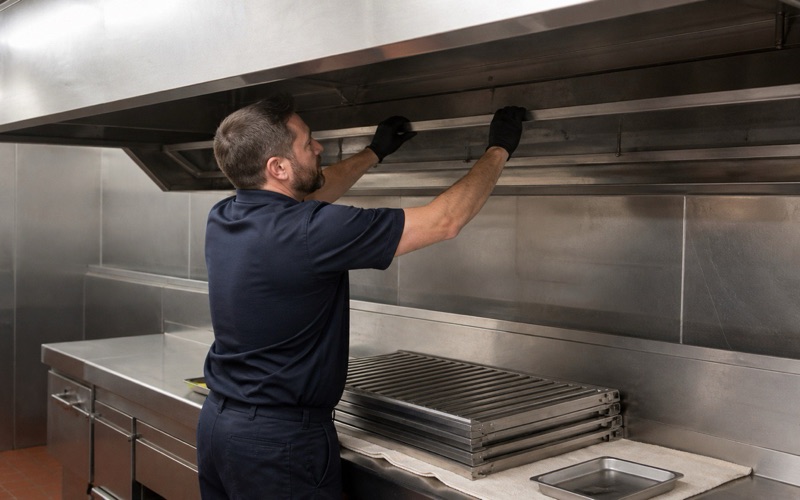 A worker straightening a bent filter rail inside a commercial hood with