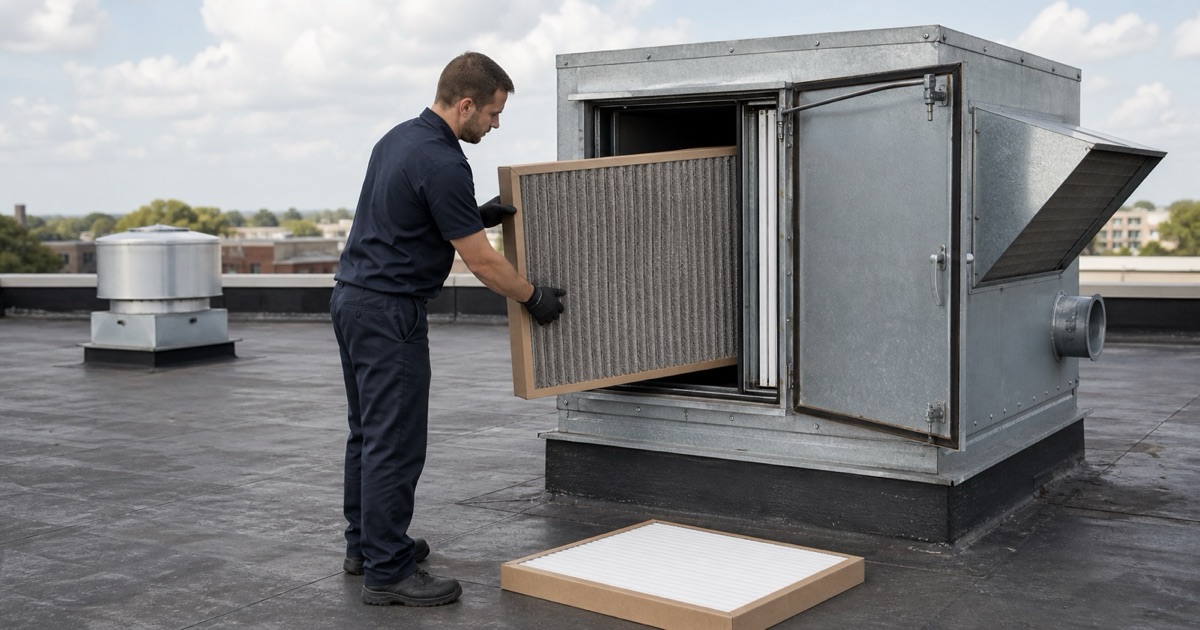A technician sliding a filter out of an open rooftop make-up air unit.