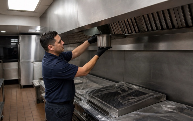 A technician drawing a grease cup from beneath the filter bank of a
