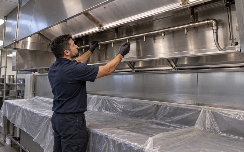 A worker checking the wash manifold and spray nozzles inside an open