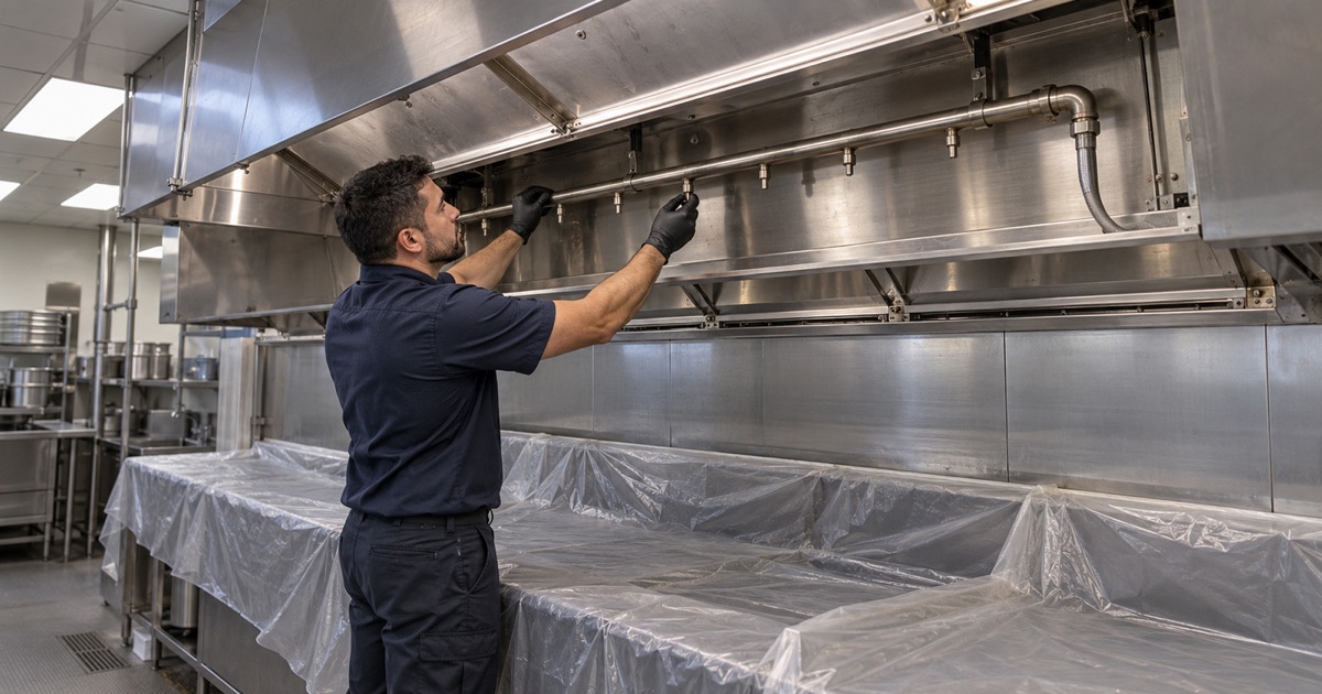 A worker checking the wash manifold and spray nozzles inside an open